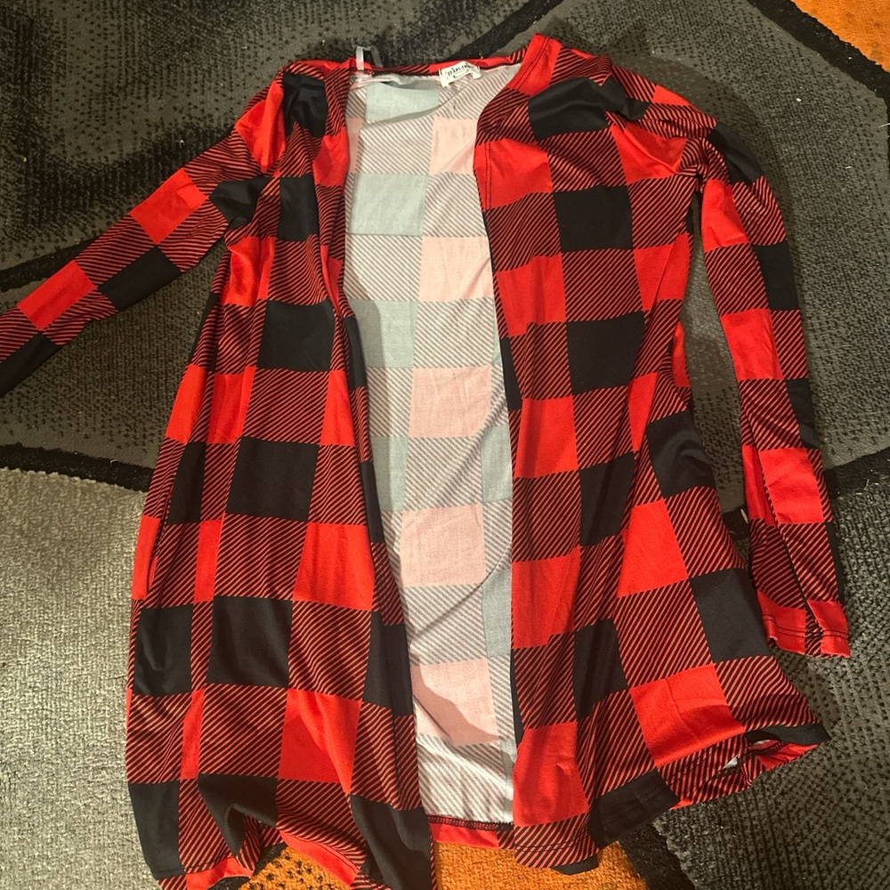 Red and Black Plaid Open Cardigan